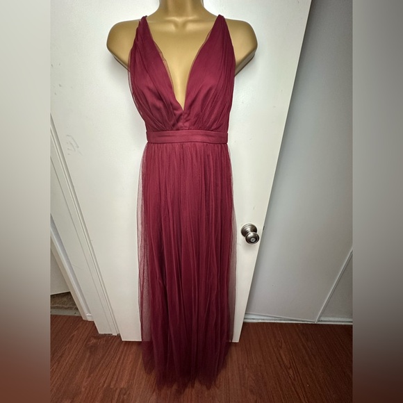 Lulus Burgundy Rare Beauty Tulle Backless Dual Front Slits Maxi Dress NWOT S - Picture 7 of 16
